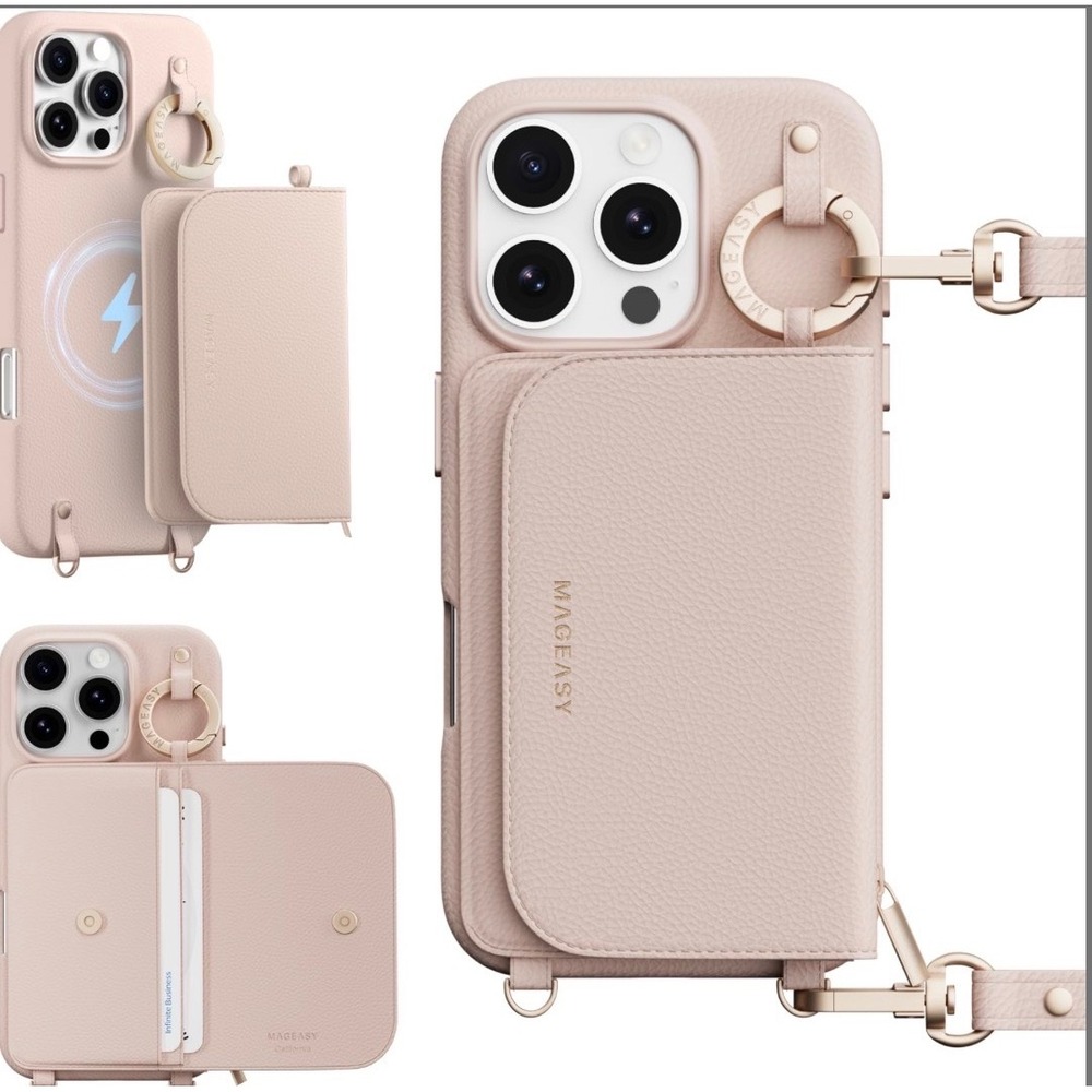 Mageasy Pouch MagSafe iPhone 16 Pro Case Wallet Crossbody Pink Vegan Leather